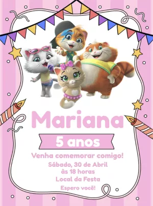 Convite Aniversário 44 Gatos para Editar e Imprimir