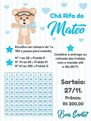 Chá Rifa Ursinho Aviador Azul para Editar Online