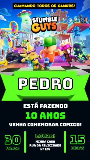 Convite Aniversário Stumble Guys Editável Online para Imprimir