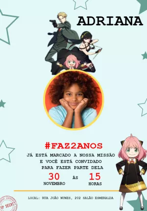 Convite de Aniversário Spy x Family com Foto para Editar