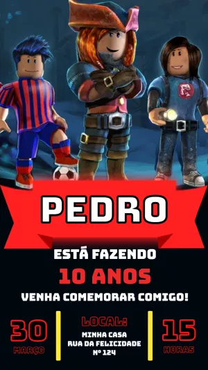 Convite Aniversário Roblox com Personagens para Editar Online