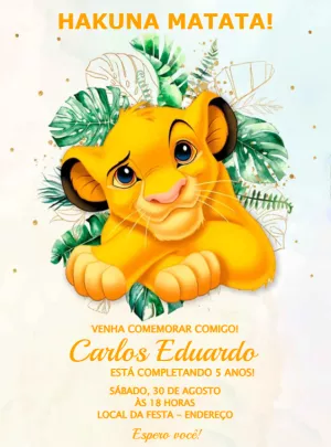 Convite Aniversário Rei Leão com Simba para Editar Online