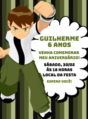 Convite de Aniversário Ben 10 para Editar e Imprimir Online