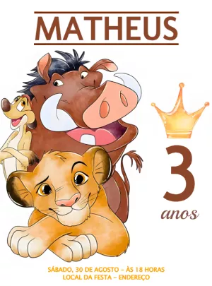 Convite Aniversário O Rei Leão Aquarela para Editar Online