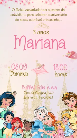 Convite Aniversário Princesas da Disney para Editar Online
