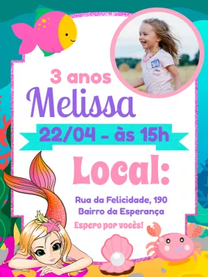 Convite Aniversário Sereia com Foto para Editar Online