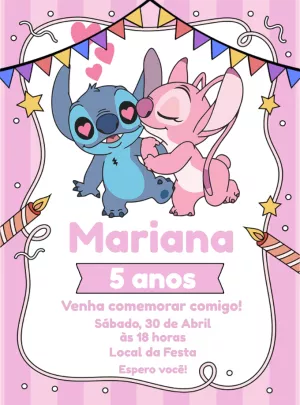 Convite Aniversário Stitch e Angel para Editar Online