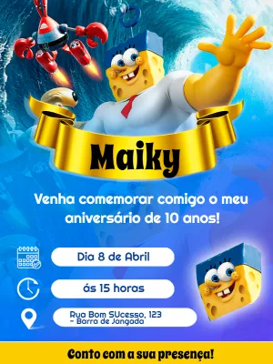Convite Aniversário Bob Esponja com Personagens para Editar