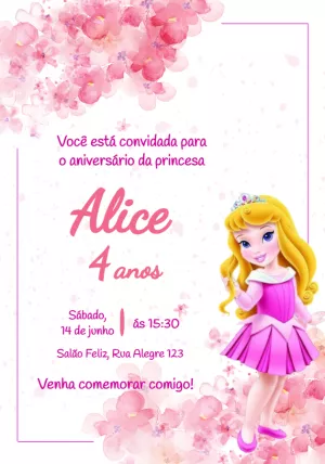 Convite Aniversário Bela Adormecida Floral para Editar Online