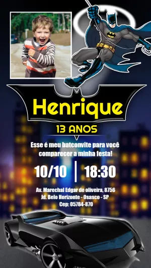 Convite Aniversário Batman com Foto para Editar Online