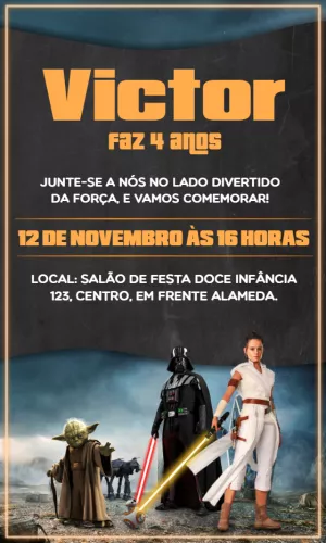 Convite Aniversário Star Wars com Personagens para Editar Online