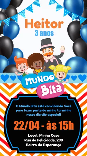 Convite Aniversário Mundo Bita com a Turma para Editar Online