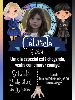 Convite Aniversário Wandinha Addams com Foto para Editar Online