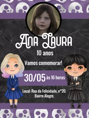 Convite Aniversário Wandinha Addams com Foto para Editar Online