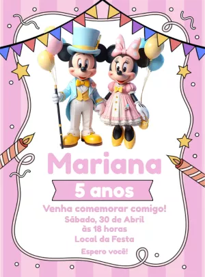 Convite Aniversário Mickey e Minnie Circo Rosa para Editar