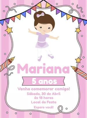 Convite de Aniversário Bailarina Rosa para Editar Online