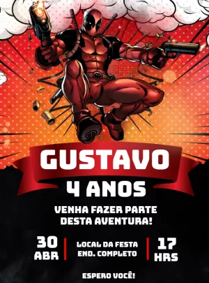 Convite de Aniversário Deadpool Editável para Enviar Online