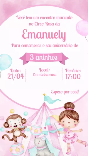 Convite Aniversário Circo Rosa com Animais Fofos para Editar