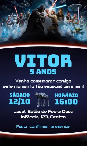 Convite de Aniversário Star Wars com Personagens para Editar