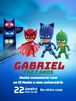 Convite de Aniversário PJ Masks com Heróis para Editar Online
