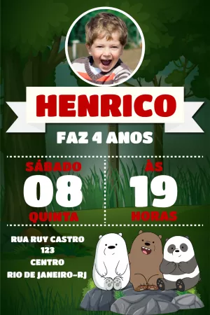 Convite Aniversário Urso Sem Curso com Foto para Editar Online