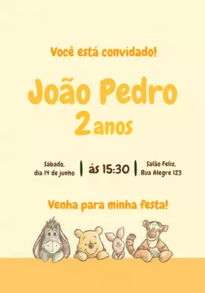 Convite Aniversário Ursinho Pooh com Personagens para Editar