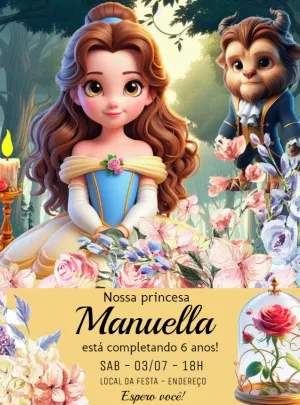 Convite Aniversário A Bela e a Fera para Editar Online