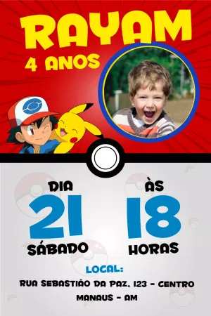 Convite Aniversário Pokémon com Foto para Editar Online