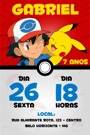 Convite de Aniversário Pokémon com Ash para Editar Online
