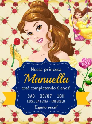 Convite de Aniversário A Bela e a Fera para Editar Online