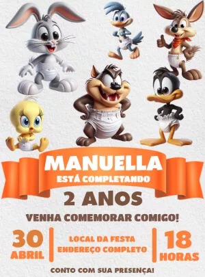 Convite Aniversário Baby Looney Tunes para Editar Online