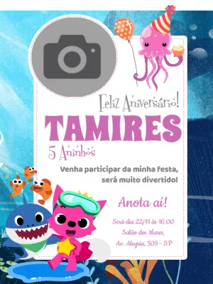 Convite Aniversário Baby Shark com Foto para Editar Online