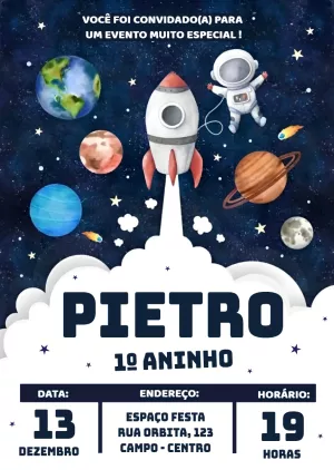 Convite de Aniversário Espacial com Foguete Editável Online