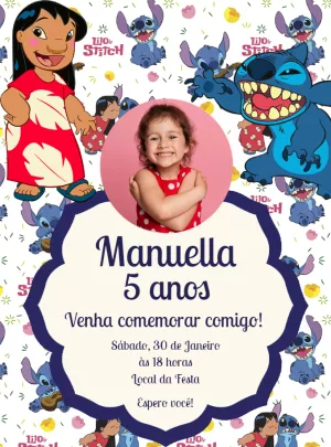 Convite Aniversário Lilo e Stitch com Foto para Editar Online