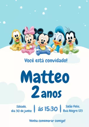 Convite Aniversário Mickey Baby e Turma para Editar Online