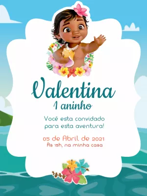 Convite Aniversário Moana Baby para Editar Online e Imprimir