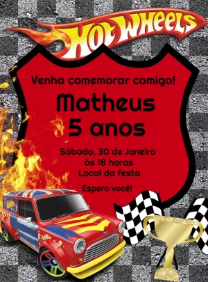 Convite Aniversário Hot Wheels com Carros de Corrida para Editar