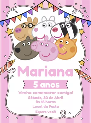 Convite de Aniversário Peppa Pig e Amigos para Editar Online