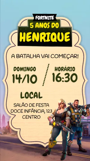 Convite Aniversário Fortnite com Personagens para Editar Online