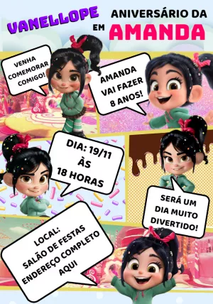 Convite de Aniversário Vanellope Detona Ralph para Editar