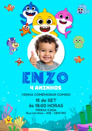 Convite Aniversário Baby Shark com Foto para Editar Online