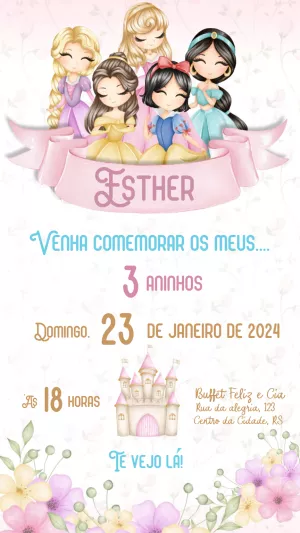 Convite de Aniversário Princesas Disney para Editar Online