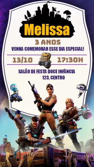 Convite Aniversário Fortnite com Personagens para Editar Online