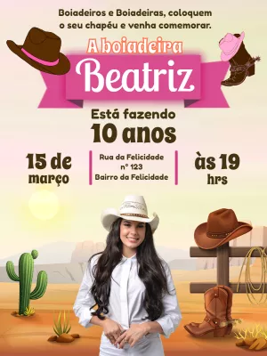 Convite Aniversário Boiadeira com Foto para Editar Online
