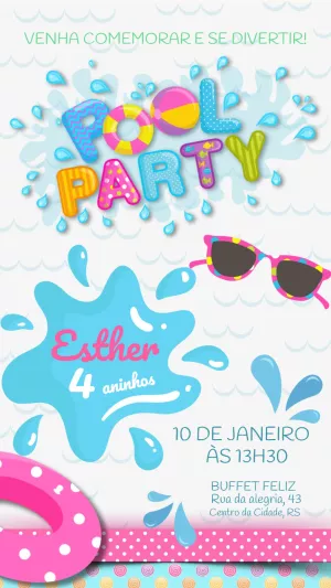 Convite Aniversário Pool Party Colorido para Editar Online