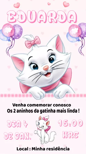 Convite de Aniversário Gatinha Marie para Editar Online