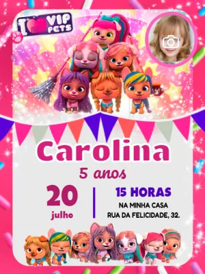 Convite Aniversário Vip Pets com Foto para Editar Online