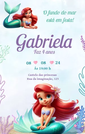 Convite Aniversário Pequena Sereia Ariel para Editar Online