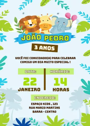 Convite Aniversário Safari com Animais Fofos para Editar Online