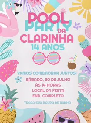 Convite de Aniversário Pool Party Tropical para Editar Online